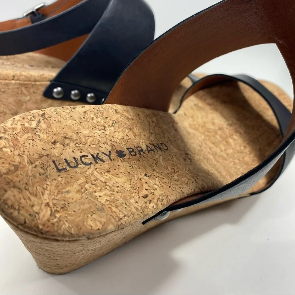 Lucky Brand Missy Black Leather Strappy Studded Cork Platform Wedge Sandals 10